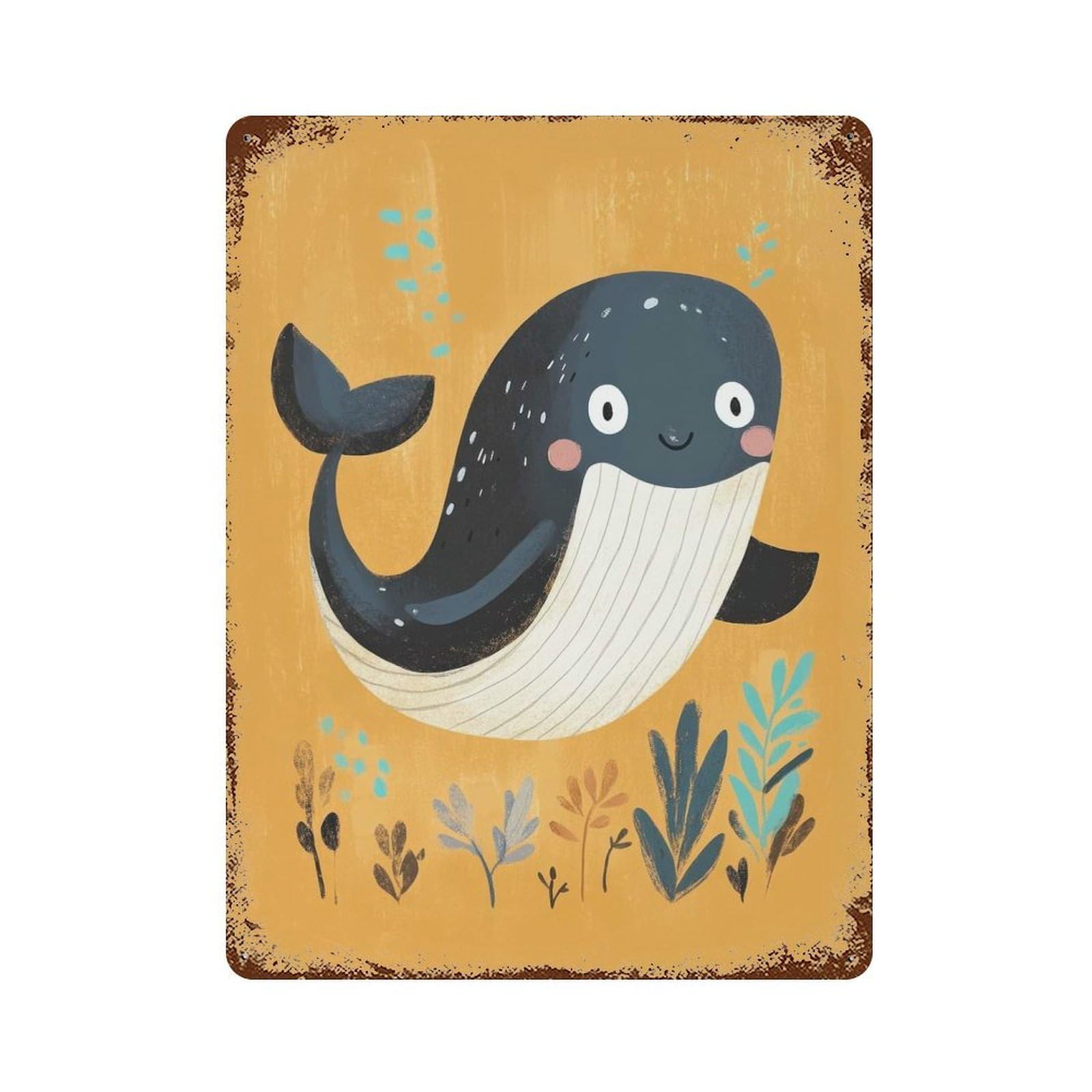 Cute Whale Illustration Weathered Tin Sign 15.7"x11.8", Ideal for Shed, Workshop And Garage Wall Decor