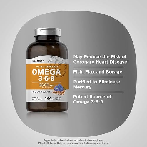 Miniatura 4 de Piping Rock Omega 3 6 9 Suplementos para mujeres y hombres | 3600 mg | 240 cápsulas de gel suave | Borraja de lino de pescado | Ultra fuerte | Sin