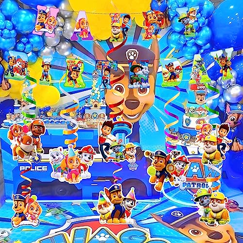 Dog Patrol Birthday Decorations Include Swirls Of Hanging Cartoon Puppies And Happy Birthday Baby Banners, As Well As Party Favors For Children. #TOP2
