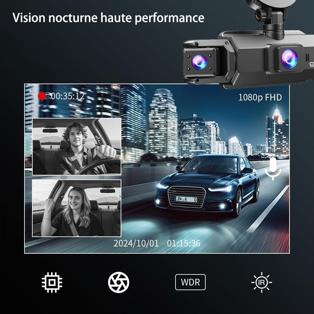 Dashcam 4 Caméras Enregistreur de Voiture - HD 1080P(Avant) 720P(Intérieur×2 & Arrière) sans WiFi 64GB Carte Mémoire, Écran IPS 3" Vision Nocturne (JLYJJS0101)