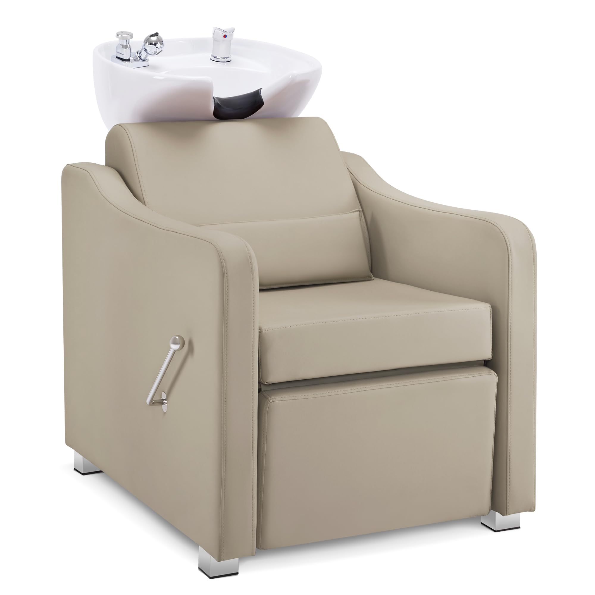 BarberPub Backwash Shampoo Station Chair, Adjustable Porcelain Ceramic Hair Wash Bowl with Chair, Shampoo Station for Barber Shop, Spa Beauty Salon Equipment 9364 (Creamy White)