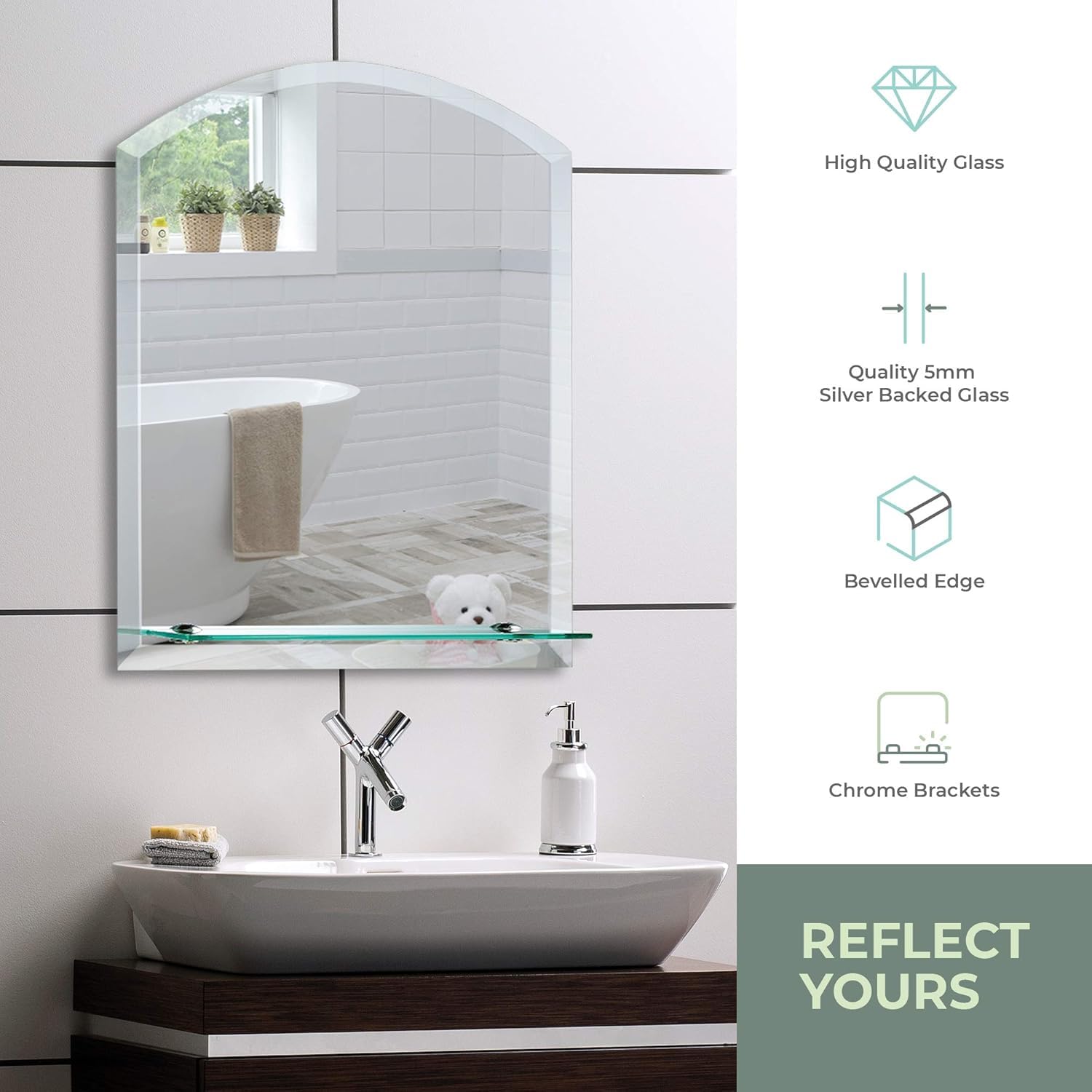 Neue Design Mood Arch Bathroom Mirror with Shelf, Wall Mounted, (24 x 18 inch) Frameless Modern & Stylish Design with Contemporary Bevelled Edges