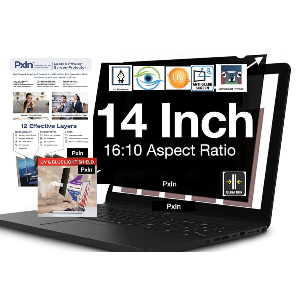 PxIn 14 Inch(16:10) Privacy Screen Filter - No Eye Strain | Anti Blue Light + Anti Glare | Privacy PET Full Screen Protector