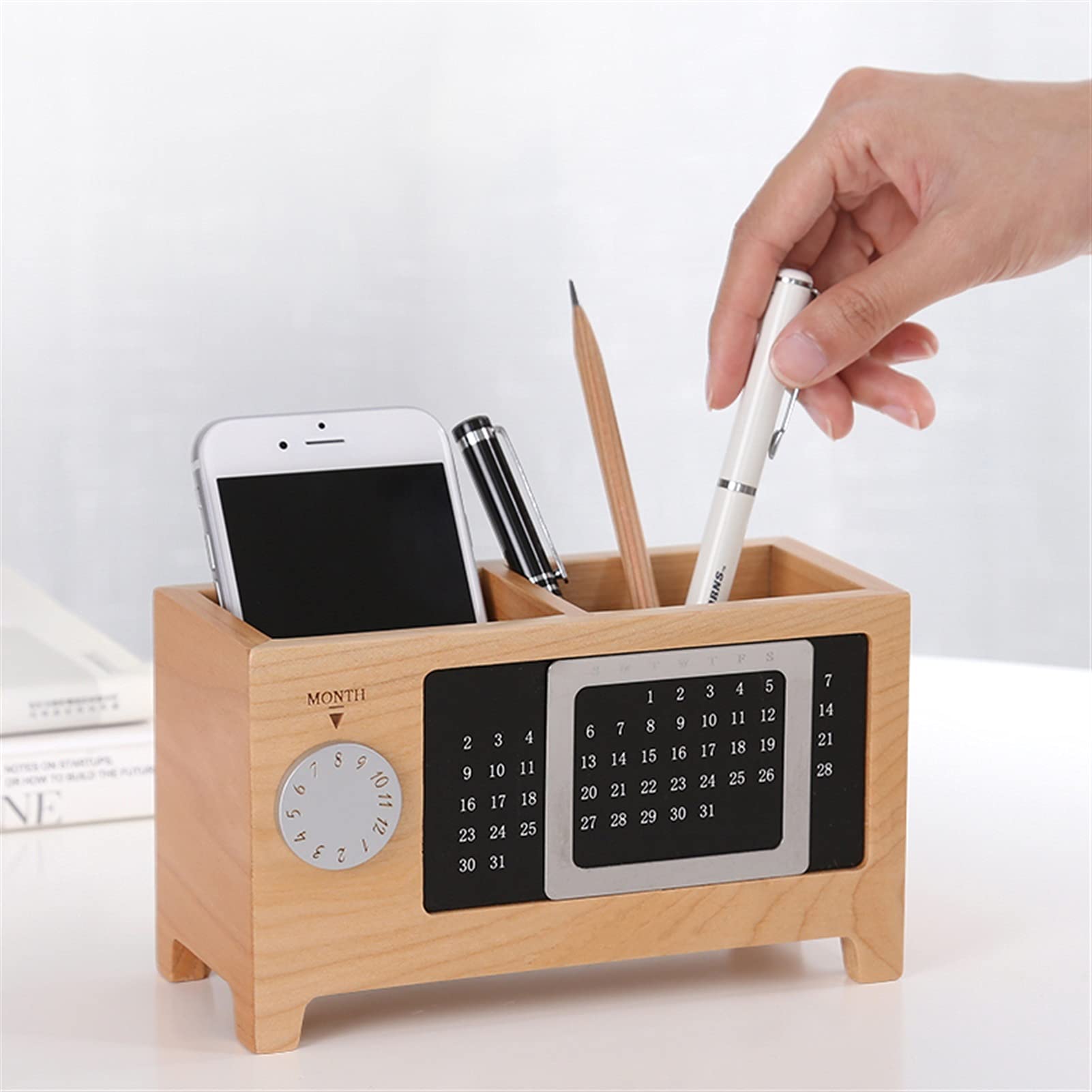 Portapenne, portapenne in Legno con Supporto per Cellulare per scrivania, 2 Scomparti, Organizer per matite, Cestino portaoggetti
