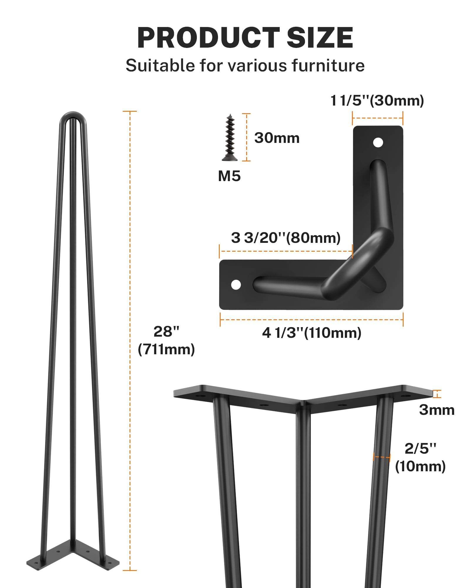 Patas De Mesa De 28 Pulgadas, Patas De Horquilla De 28 Pulgadas, Patas