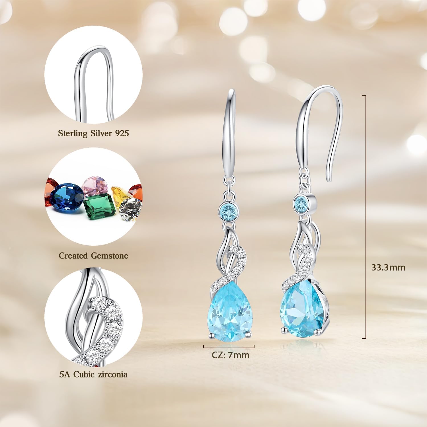 FANCIME Teardrop Dangle Drop Earrings 925 Sterling Silver Pear Gemstone Birthstone Earring Fine Jewelry Birthday Gifts for Women - Image 2