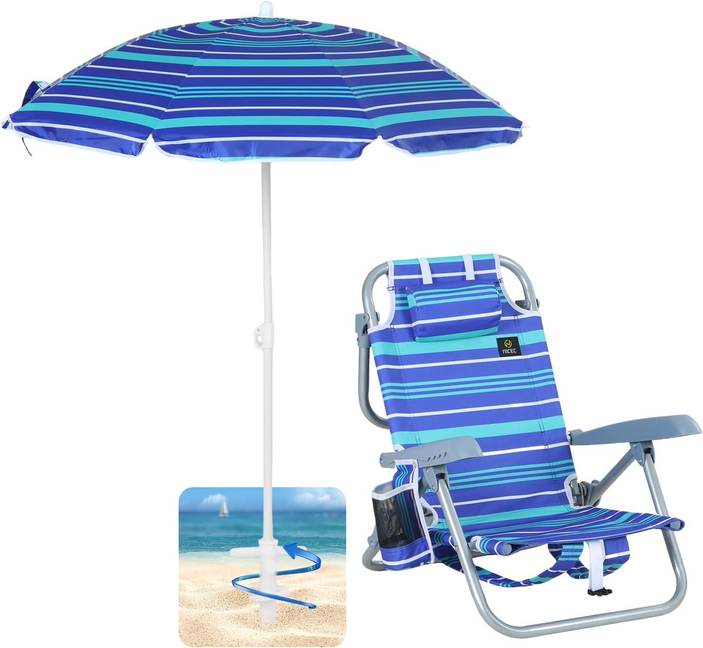 Nice C Toddler Beach Chair, Kids Beach Chair with Umbrella, Backpack Beach Folding Chairs, Backpack Camping Chairs, 5-Position Reclining, with Cup Holder, for Beach, Camping, Picnic (1 Pack) 1 1-pack Stripe Blue