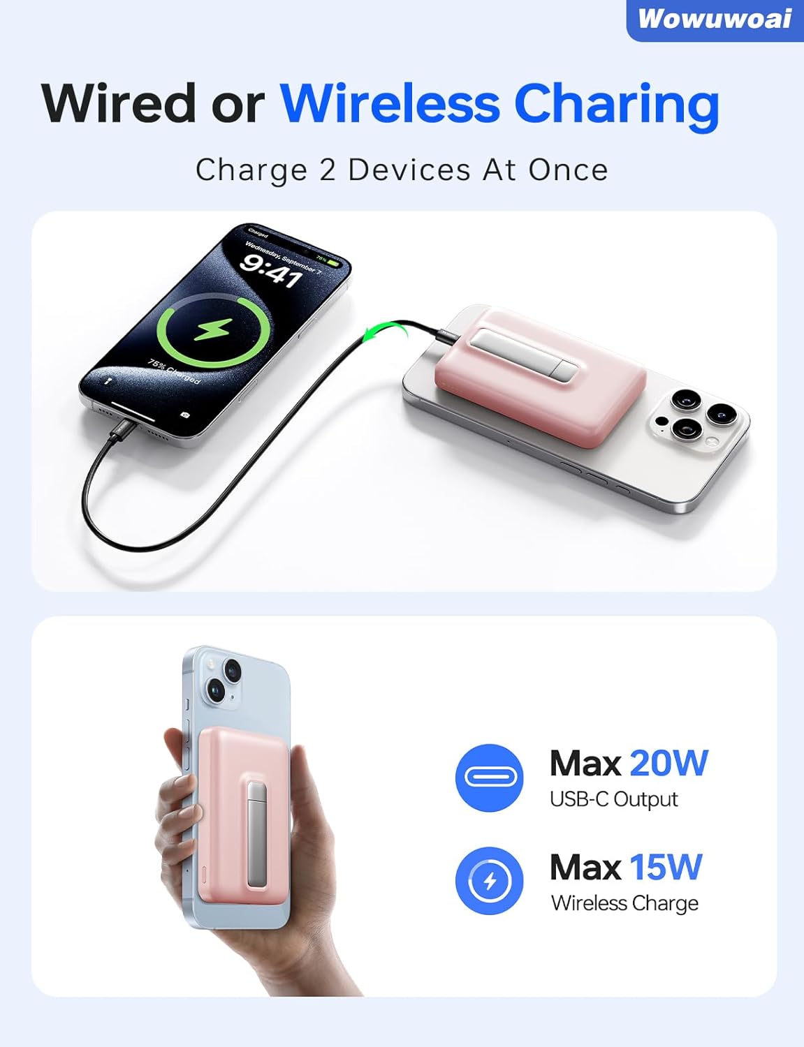 for Magsafe Portable Charger, 10000mAh Wireless Power Bank with Stand, USB C PD 20W Fast Charging Powerbank, Magnetic Battery Pack Compatible for iPhone 17/16/15/14/13/12 Series - Pink