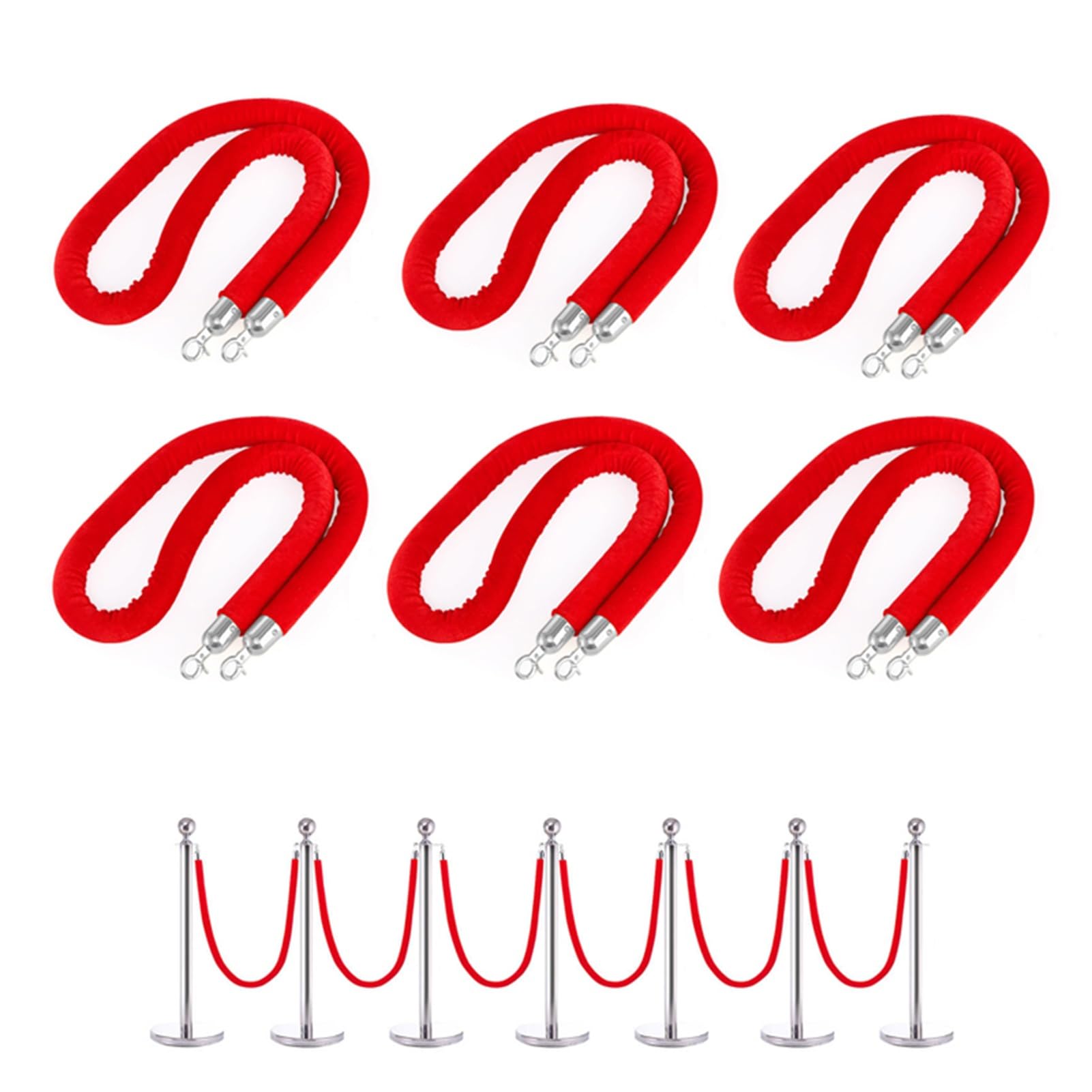 ZBBGTJK 6-Pack Red Velvet Rope Ber Set with 2.7m (9ft) Foam Ropes & Silver Hooks Crowd Control Queue Management Safety Stanchion for Events & Line nization