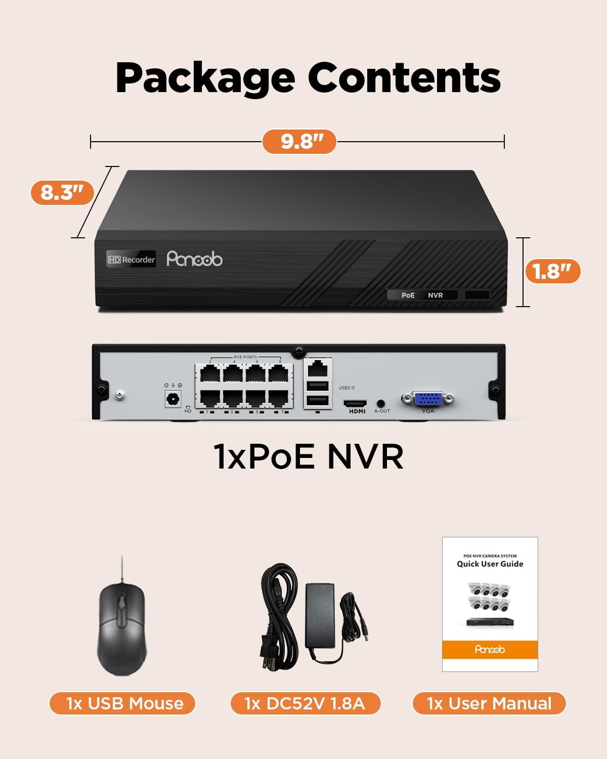 8CH PoE NVR Recorder 8-Port for 8MP/5MP/4MP Cameras H.265 Technology Motion Alarm & 24/7 Recording Single SATA Support up to 8TB (Hard Drive Not Included) PA-8NVR-ECO