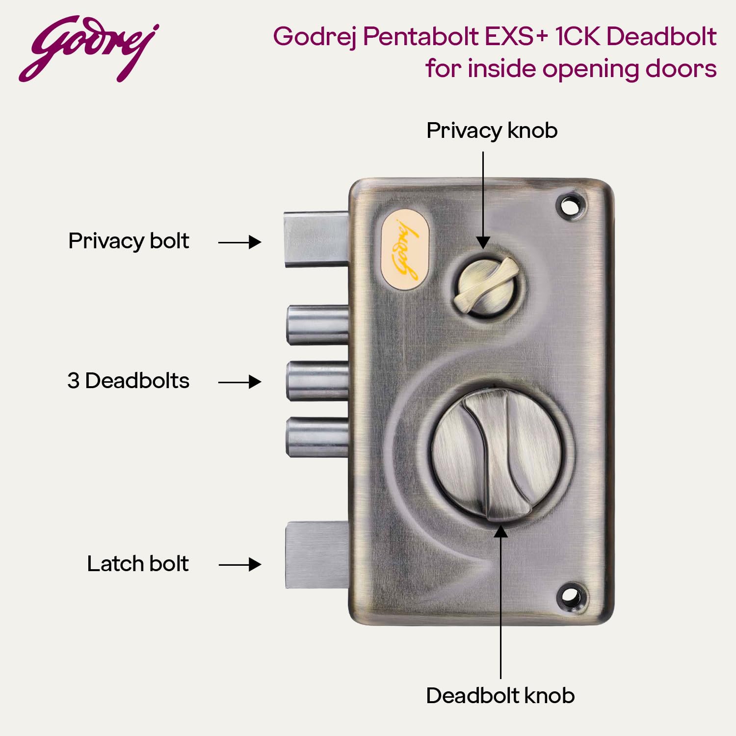 Godrej EXS+ Technology Pentabolt 1 CK Deadbolt Rim Lock For Main Door, Suitable For Out Side Opening Wooden Door Rim Lock With 4 Keys (Silver, Pack of 1 — Amazon image 2