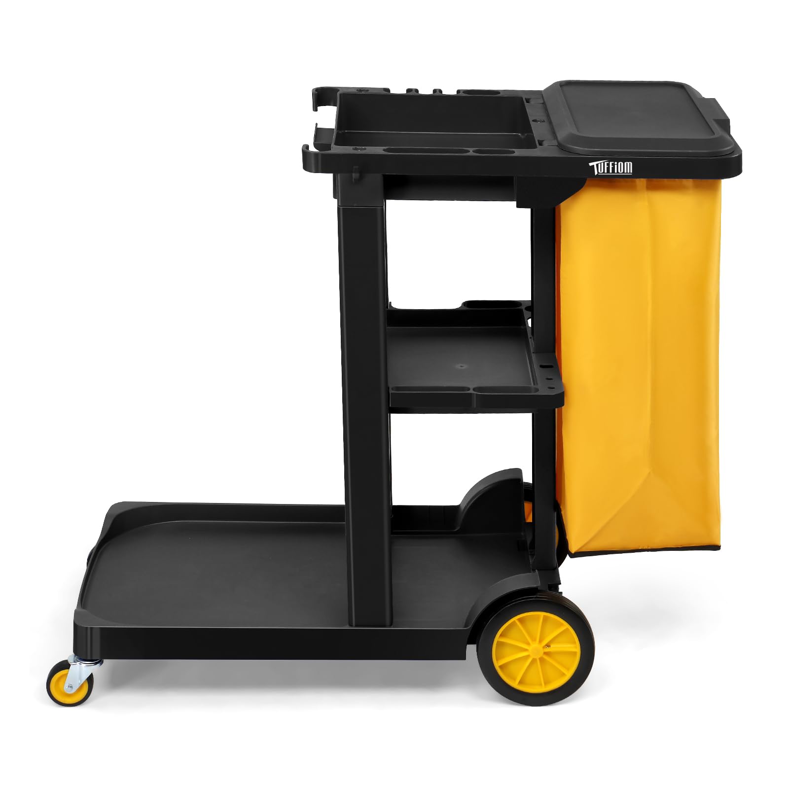 ROVSUN Carro de Limpieza Multifuncional con 3 estantes y Bolsa de Basura de 57 l, extraíble, Carrito de Servicio con Ruedas TPR para Limpieza, Tapa abatible y Gancho para Colgar, 230 kg (Negro 1)