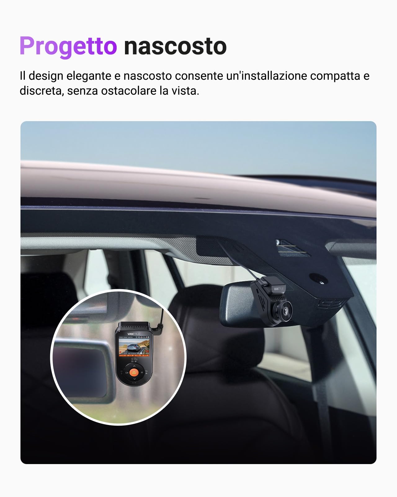 Vantrue S1 Pro Dash Cam anteriore STARVIS 2, 2.7K Mini Dash Camera per auto, ADAS, controllo app, GPS WiFi integrato, G-Sensor, registrazione in loop, visione notturna, modalità parcheggio 24h, 158°