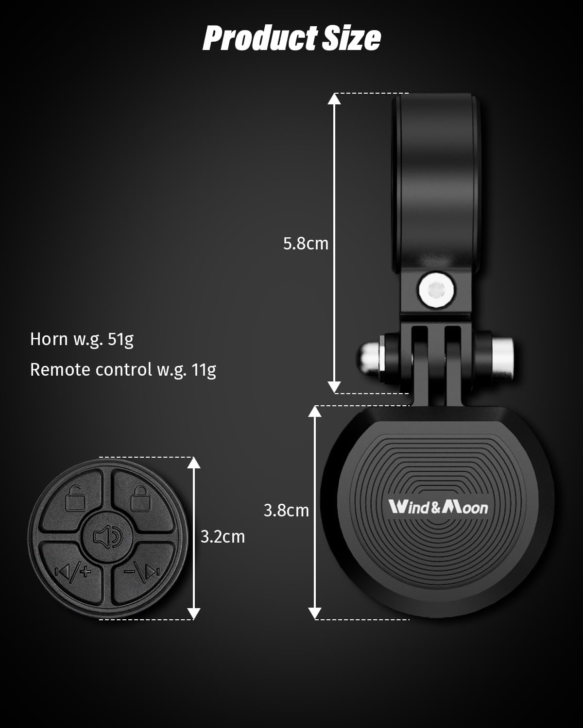 Black Wind&Moon Electric Bike Bell, 80-130DB Anti-Theft Alarm Adjustable Bike Horn, IPX6 Waterproof with USB Rechargeable Scooter Horn, Bicycle Bell, Warning Horn (Remote Control 4 Tones, 4 Tones, 1 Tone)