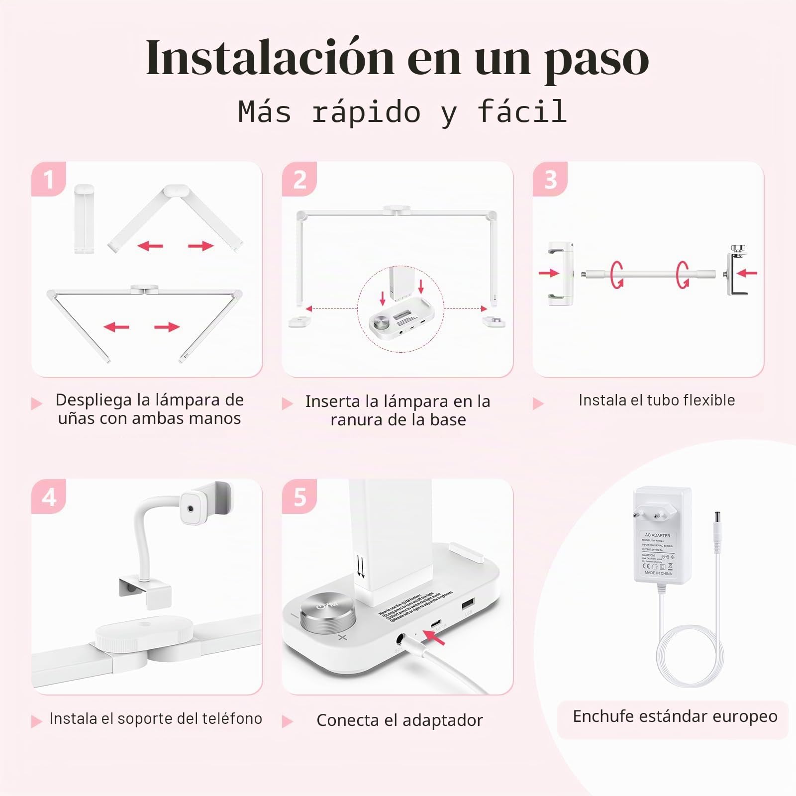 Media Luna Lámpara para Uñas: 34" Lampara Media Luna con Soporte - 3 Modos de Color y 10 Niveles de Brillo Ajustables para Manicura (Blanco)