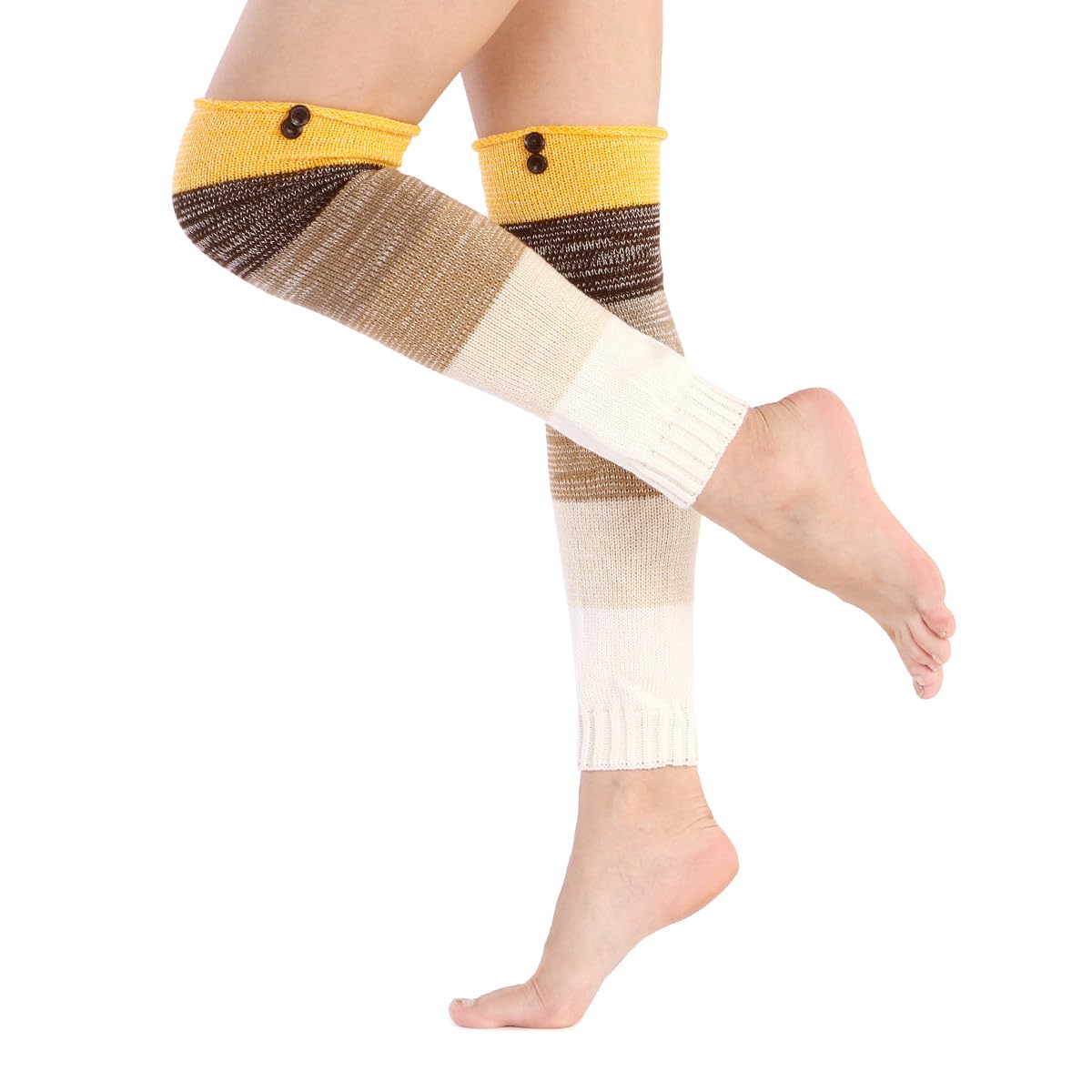 Yellow Multicolor Stripe Long Warm Woolen Thigh High Knee High Leg Warmer Winter Fashion Knitted Warm Boot Thigh High Socks Boot Cuffs for Women Girls-image-4