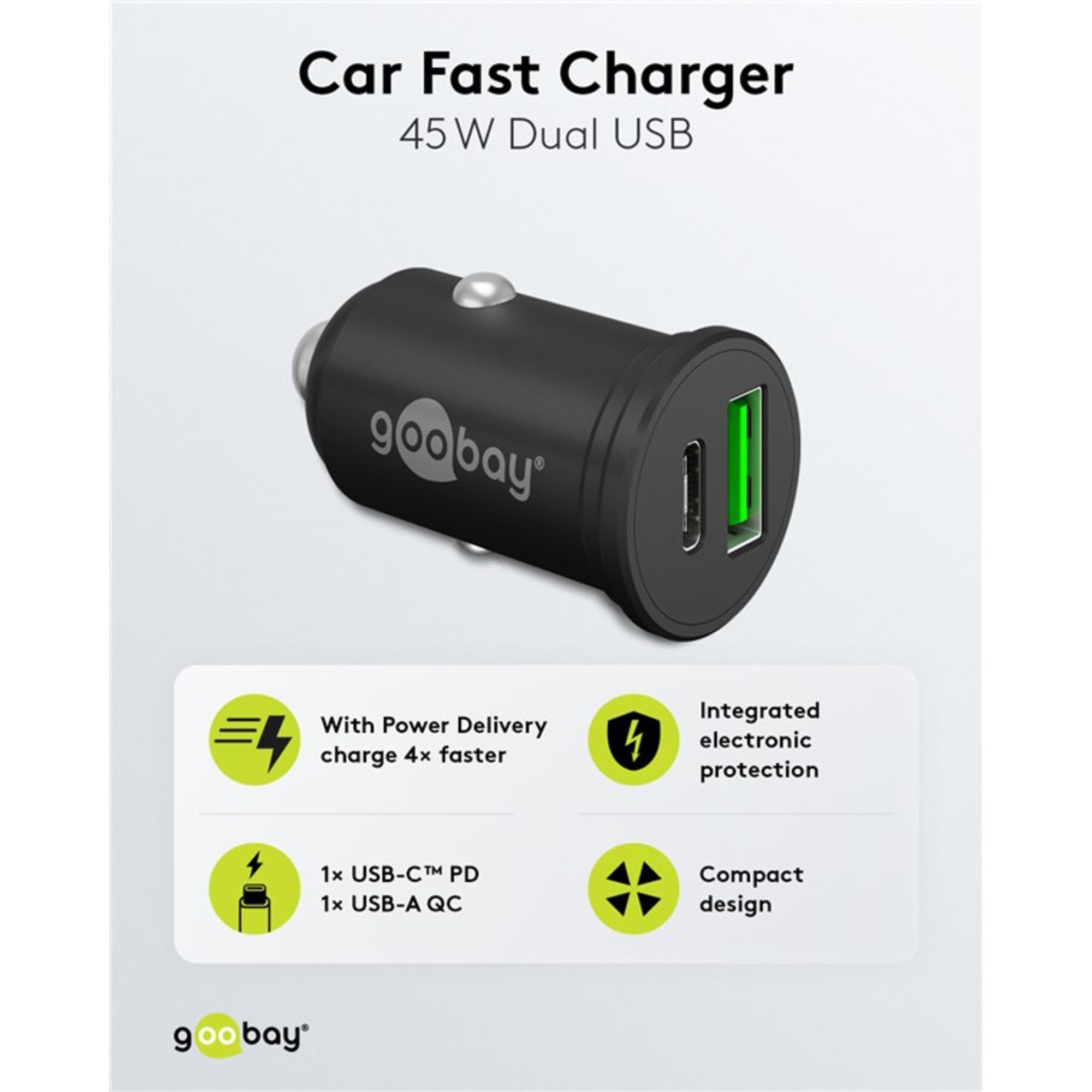 Goobay 61739 - Caricabatteria da auto Dual USB, ricarica rapida, USB 3.0 e USB-C/adattatore accendisigari per auto con erogazione di potenza 45 W a 12-24 V