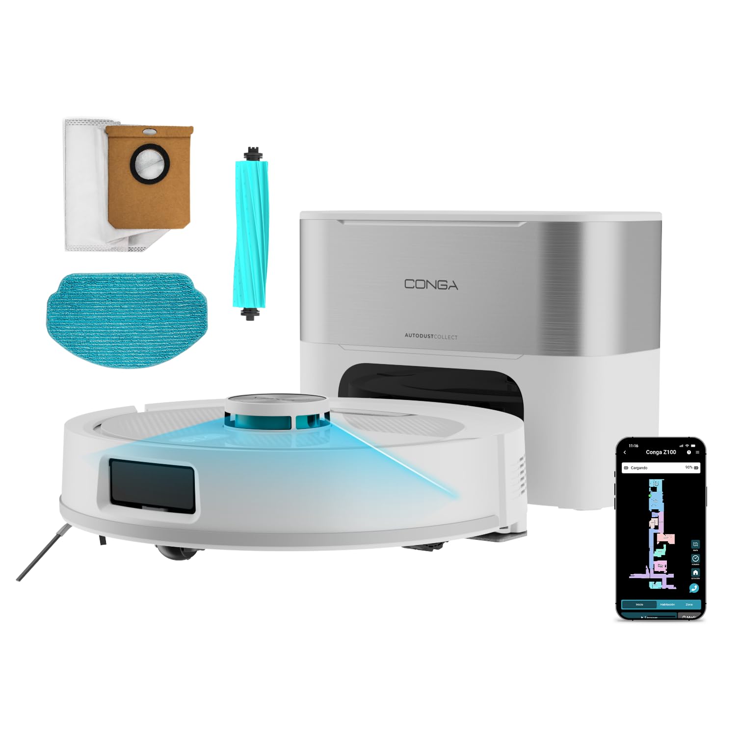 Cecotec Robot Aspirador - Base Autovaciado 3L - IA y Navegación Láser - 25000Pa - Conga Y90 Pearl. Autonomía 240mins en Modo Eco, Cepillo Silicona, Ideal Casas Mascotas, Bluetooth y WiFi, 2 Mopas