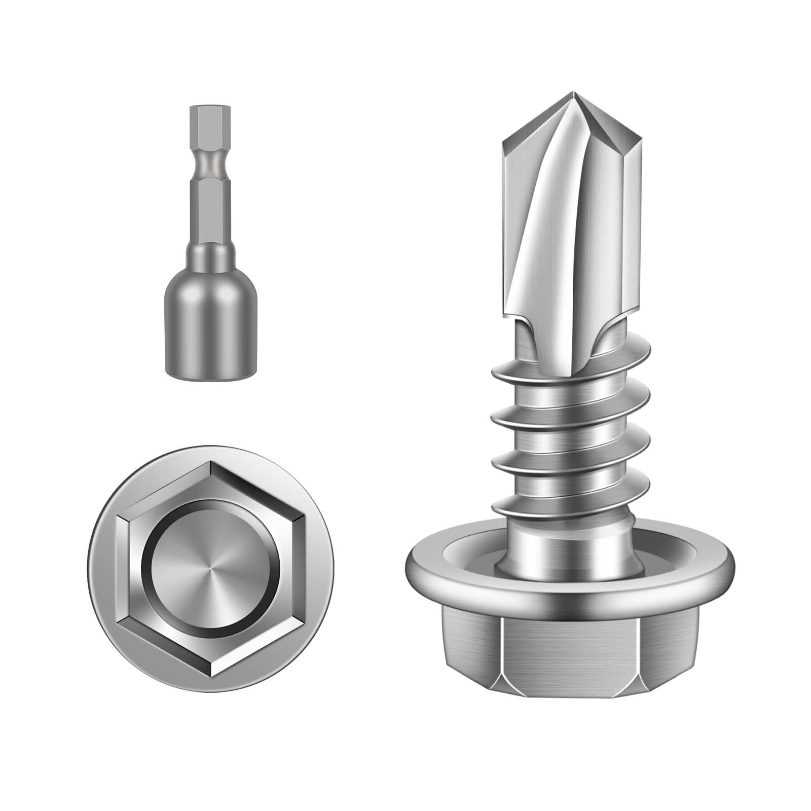 MewuDecor #8 x 1/2" Hex Washer Head Self Tapping Sheet Metal Screws with Drill Point, Stainless Steel 410, Self Drilling, 200 PCS