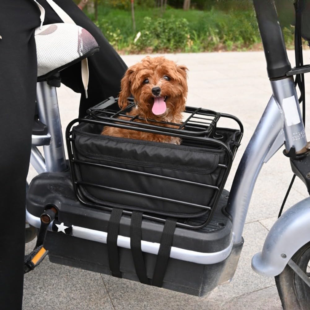Vorderradkorb aus Karbonstahl für kleine Hunde und Katzen, für robuste Haustiertrage mit Clip-on-Abdeckung für Elektro-Fahrrad-Roller, 38,1 x 22,9 x 21,6 cm, Schwarz