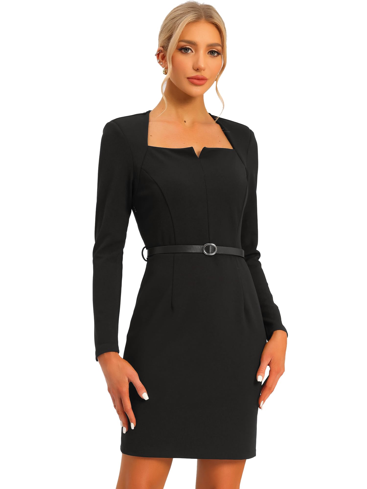 Allegra K Elegant Office Dress for Womens Belted Square Neck Bodycon Dress