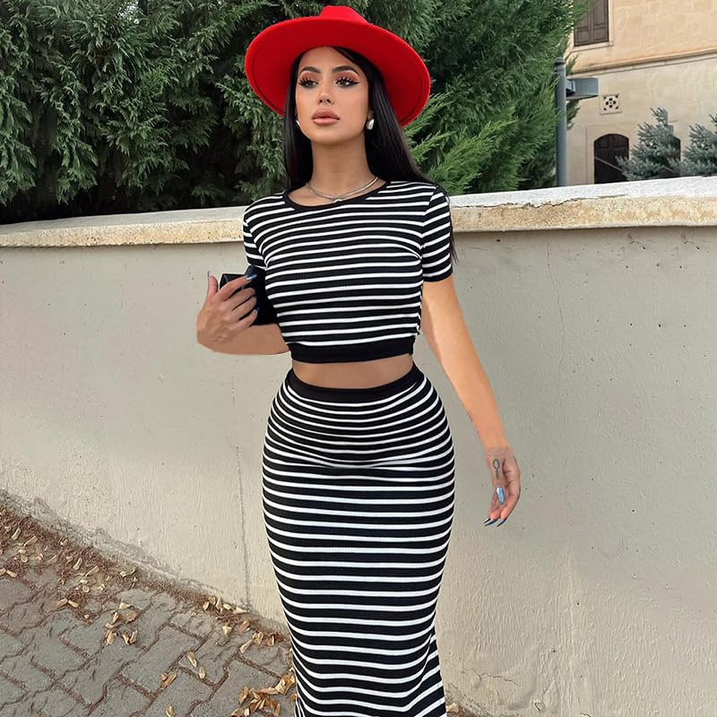 Womens Striped Outfits Short Sleeve Crop Top High Waist Slit Maxi Skirt Summer Casual Set3