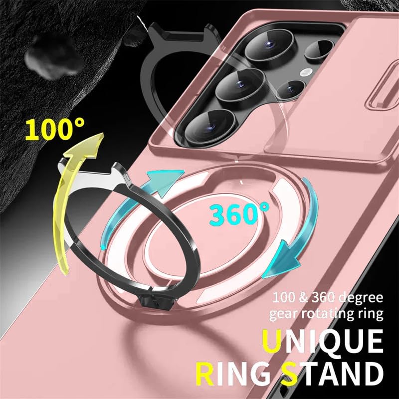 Image of LuxuryKase Shockproof Rugged Case for Samsung Galaxy S25 Ultra | Slide Camera Cover | 360 Rotating Ring Kickstand | Military-Grade Protection - Rose Pink
