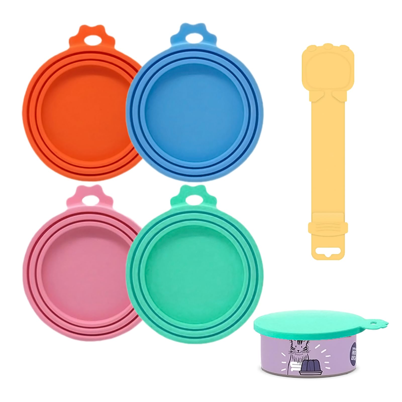 4 Couvercles Silicone + Cuillère – Couvercles Universels (6,5/7,5/8,5 cm), Extensibles & Réutilisables, Sans BPA, Lavable au Lave-vaisselle – Pour Boîtes de Nourriture Animaux