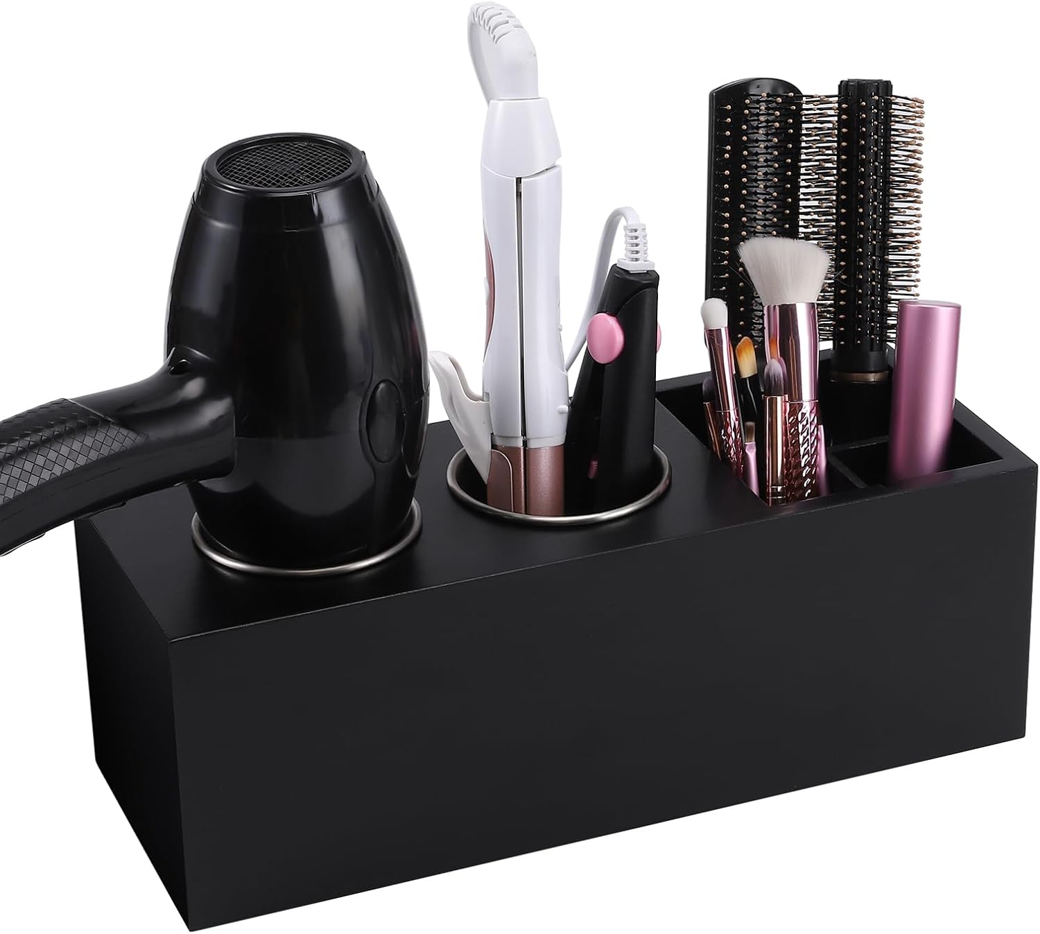 Hair Dryer Countertop Holder, Hair Tool Organizer Wall Mount, Blow Dryer Holder Cabinet Door Organizer, Bathroom Countertop Blow Dryer Holder and Curling Iron Holder (Cedar Wood, Black) Black Cedar Wood