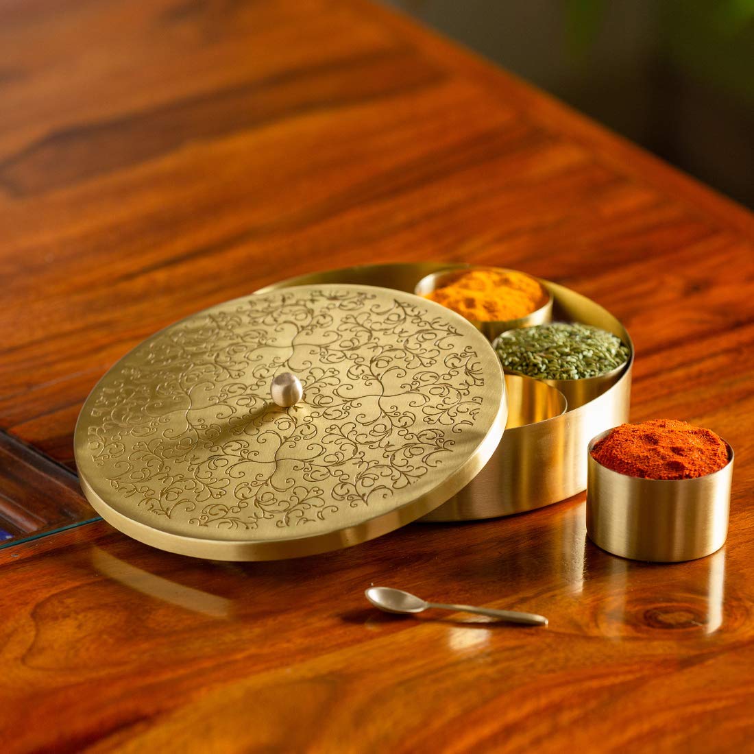 Buy Acewood FloralEtched' Handcrafted Brass Spice Box Set For Kitchen