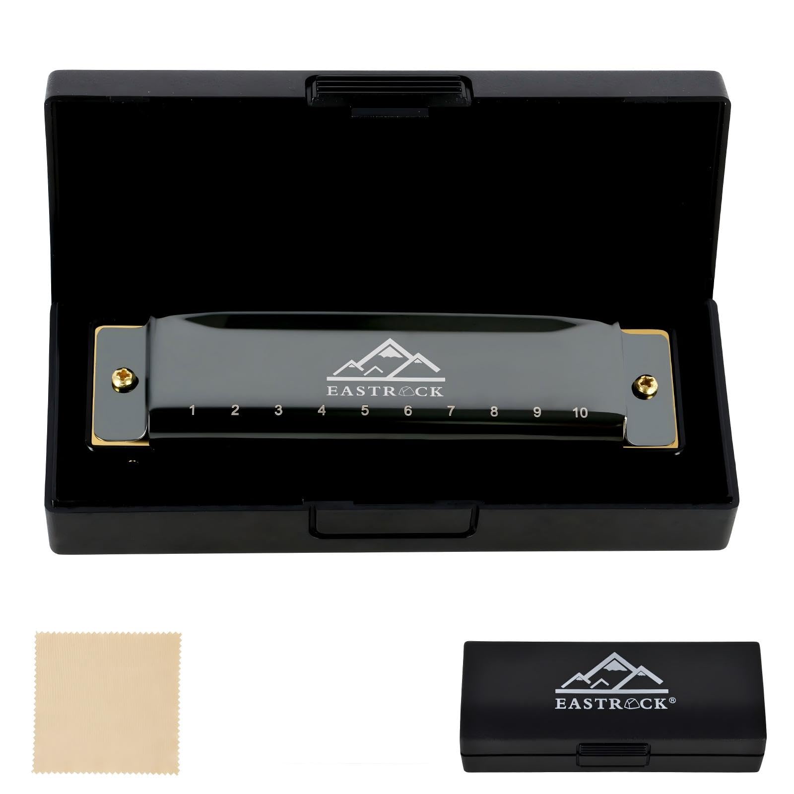EastRock Harmonica diatonique en Do, harmonica diatonique 20 tones,10 trous pour débutant étudiants,Harmonica c avec étui chiffon de soin cadeau (10 trous, Noir)