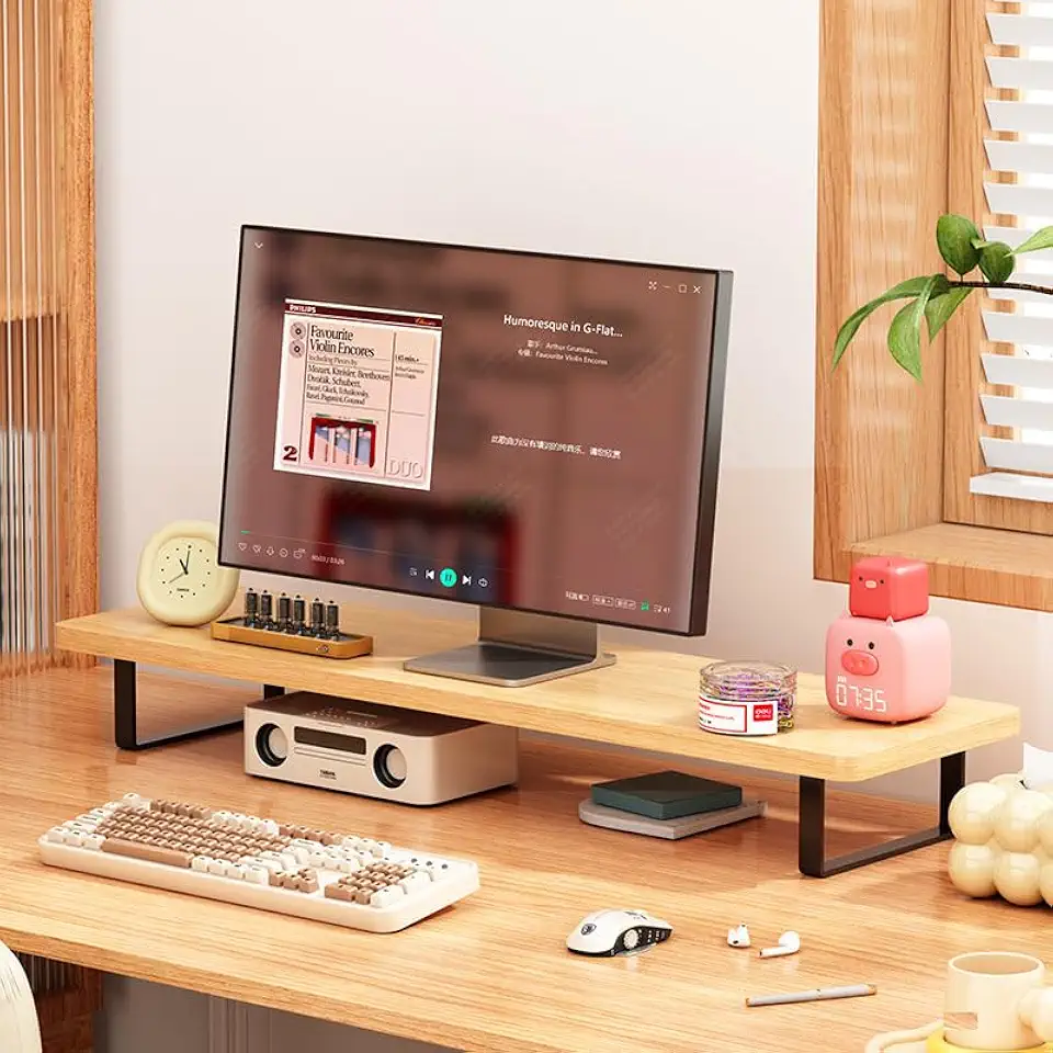 Suporte de Monitor Madeira, Base Monitor para Mesa Gamer com Organização de Escritório, Fácil Instalação, 40 * 20 cm, Cor natural da madeira