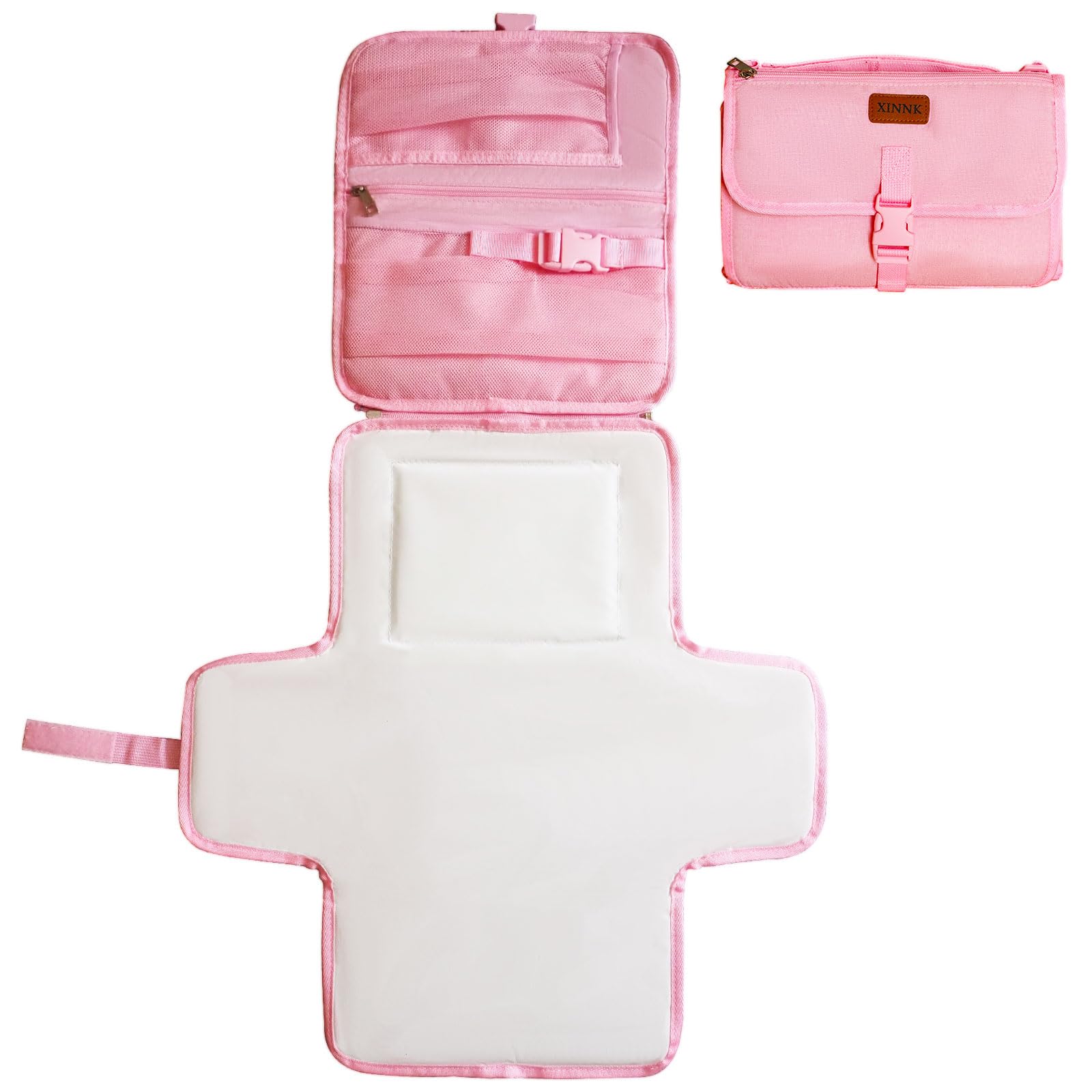 Portable Changing Pad for Baby, Travel Diaper Changing Pad for Newborn, Waterproof Baby Changing Mat, Foldable & Detachable Diaper Changing Station with Baby Wipes Pockets(Pink)