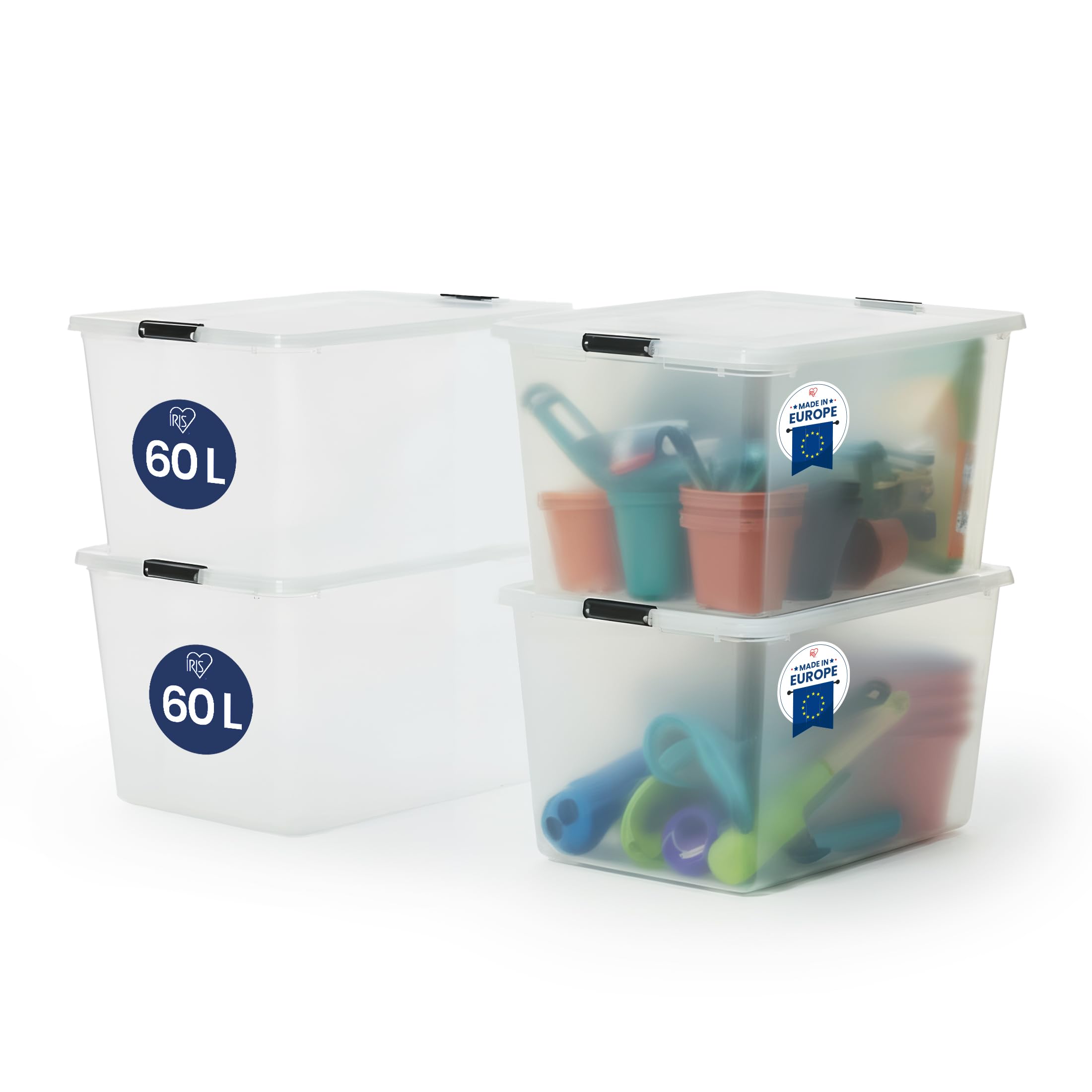 Iris Ohyama Aufbewahrungsboxen mit Deckel, 60L, 4er-Set, Transparent, Sicherer Verschluss, Stapelbar, Griffe, für Schlafzimmer, Schrank, Büro, Organisation, BPA-freies Plastik, Ordnungsboxen, FTB-60