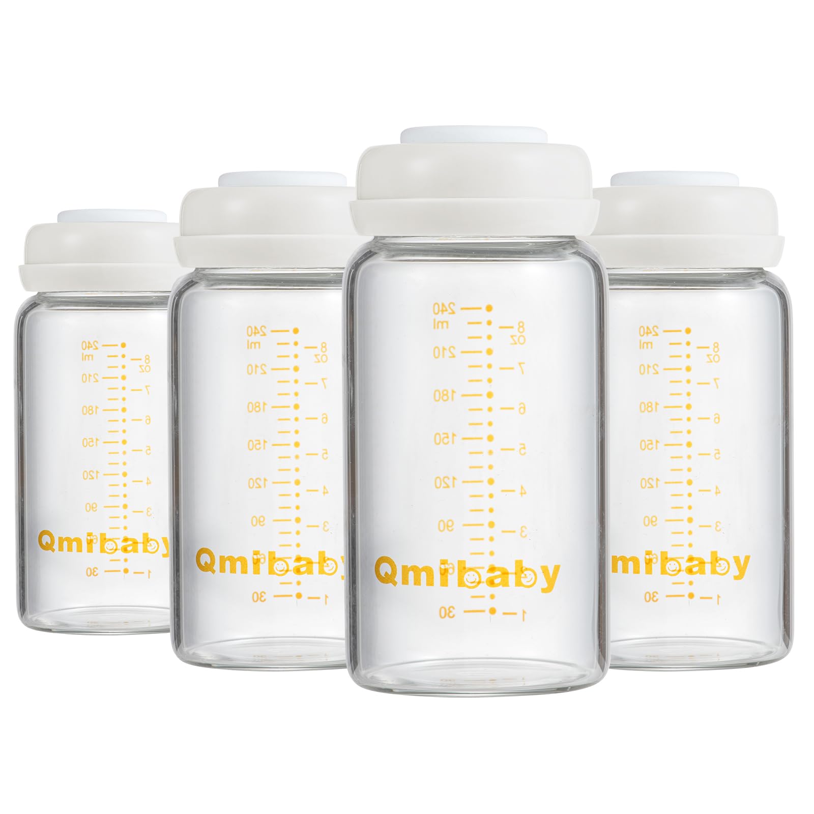 Qmibaby Glass Breastmilk Storage Bottles 300ml 10oz BPA-Free Leak-Proof Natural Baby Bottle for Breastmilk Storage Wide Neck Bottles with Screw Ring Sealing Disk Breastfeeding (White-300ML-4PCS)