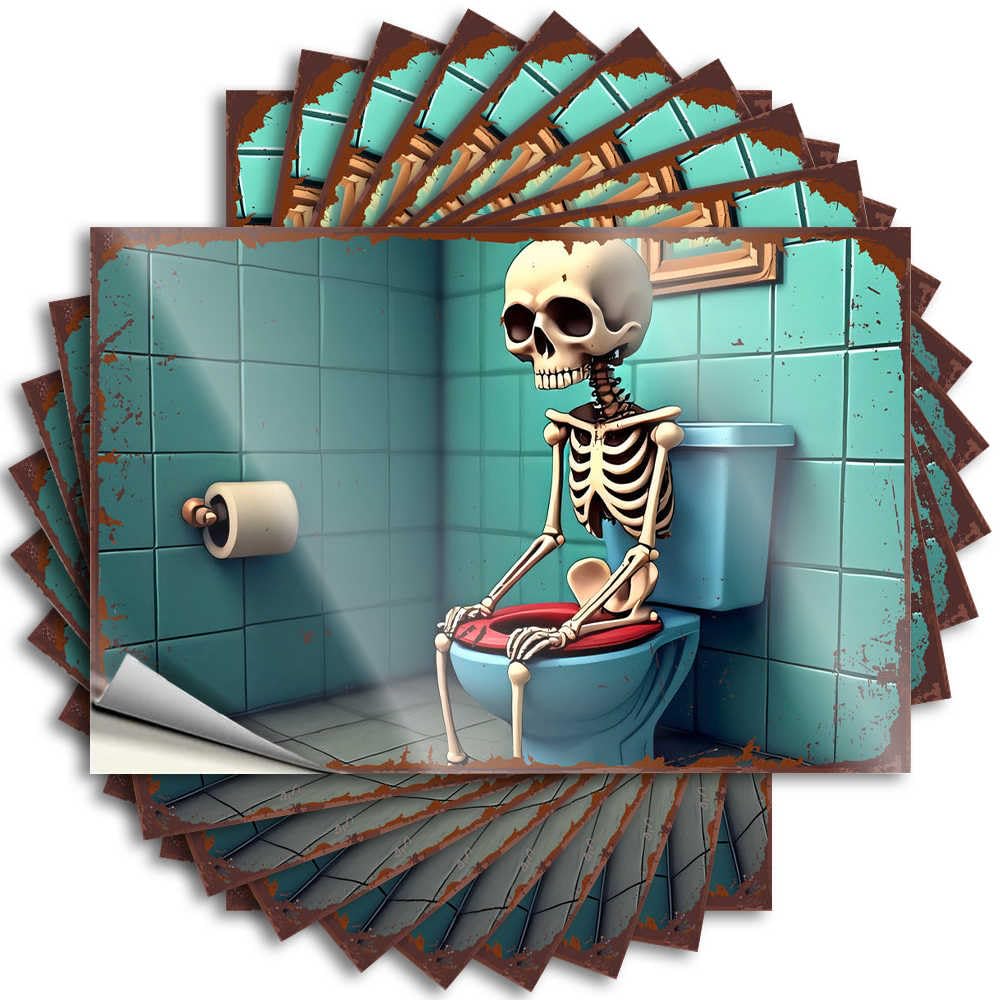 Fzfn Colour Decals Badass Vinyl Decals, Haves Waterproof Case Stickers For Water Bottle | Spooky Skeleton On The Toilet: A Halloween Bathroom Scene Perfect For Military Laptop Decor(8X12cm)