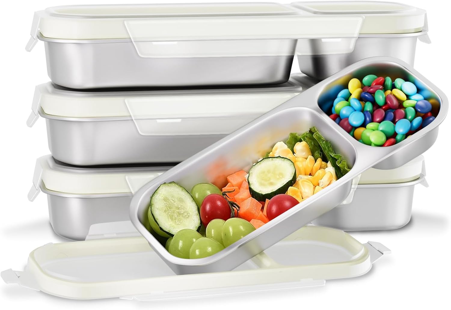 Stainless Steel Snack Containers for Kids Adults, 4 Pack 2 Compartment Metal Snack Containers Box with Lid, Reusable Food Storage Container, Leak Proof, Grab and Go White - 4 Packs 2C - (15.21+8.45OZ)
