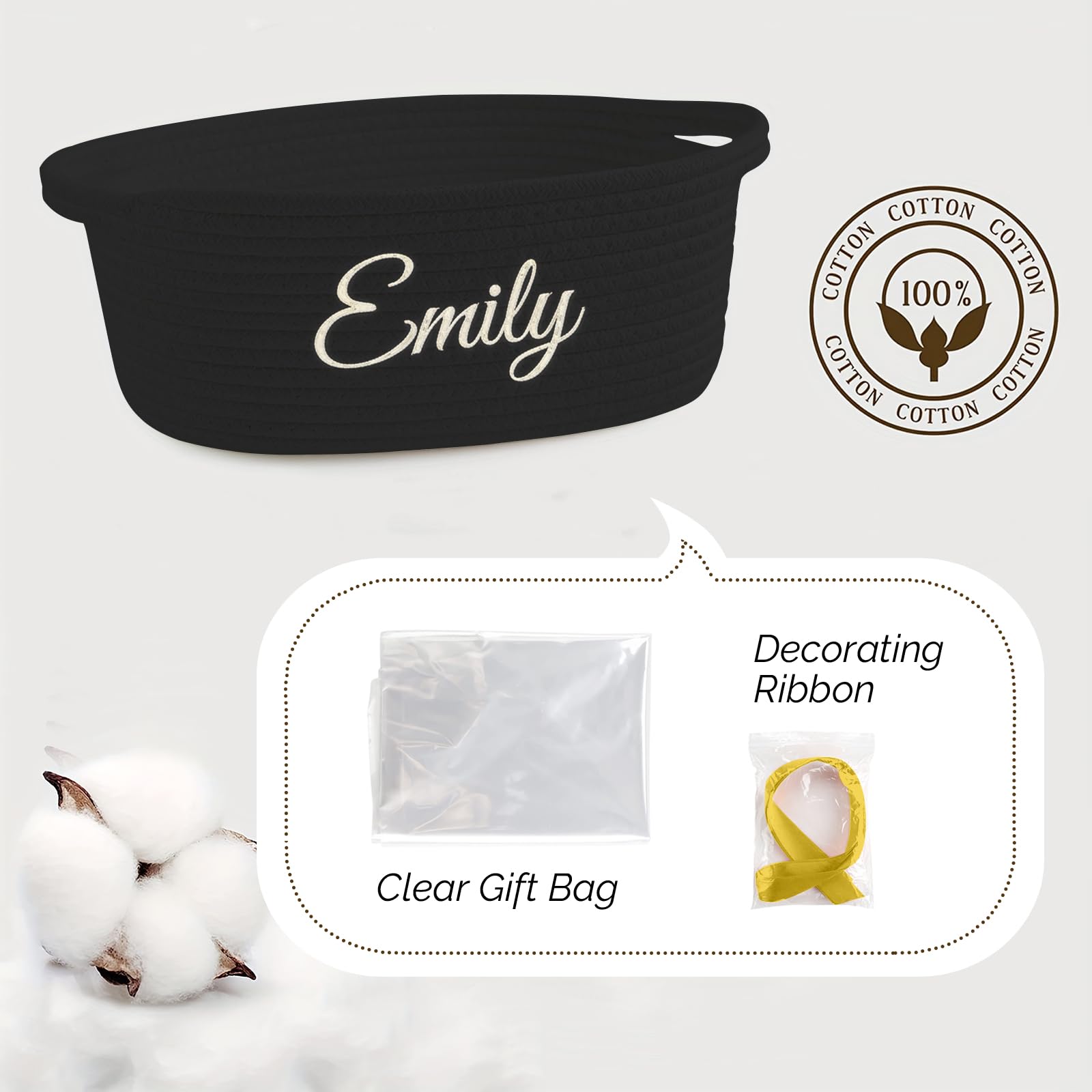 HUTARIO Personalized Woven Basket Embroidered Name with Gift Bags and Ribbons,Empty Small Rope Basket?Durable Storage Custom Black Basket with Handles for Baby Showers,12