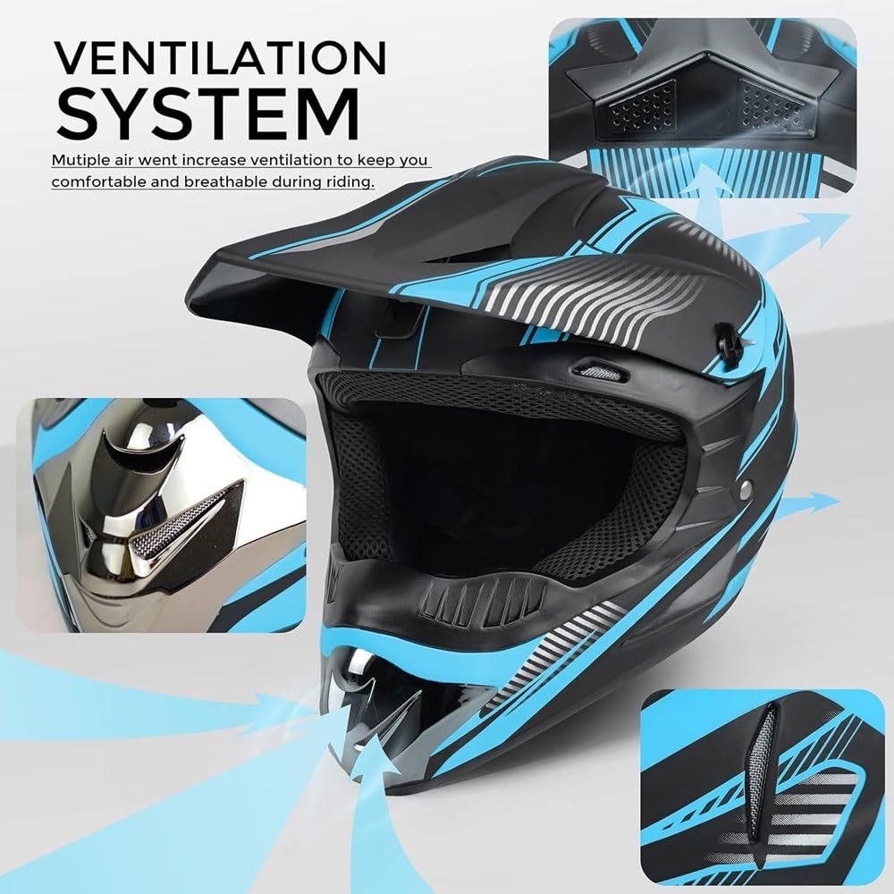 Set di 4 Caschi da Cross Per Bambini, con Occhiali, Guanti, Maschera, Casco Integrale Protettivo, Per ATV, BMX, Mountain Bike, Quad E Downhill