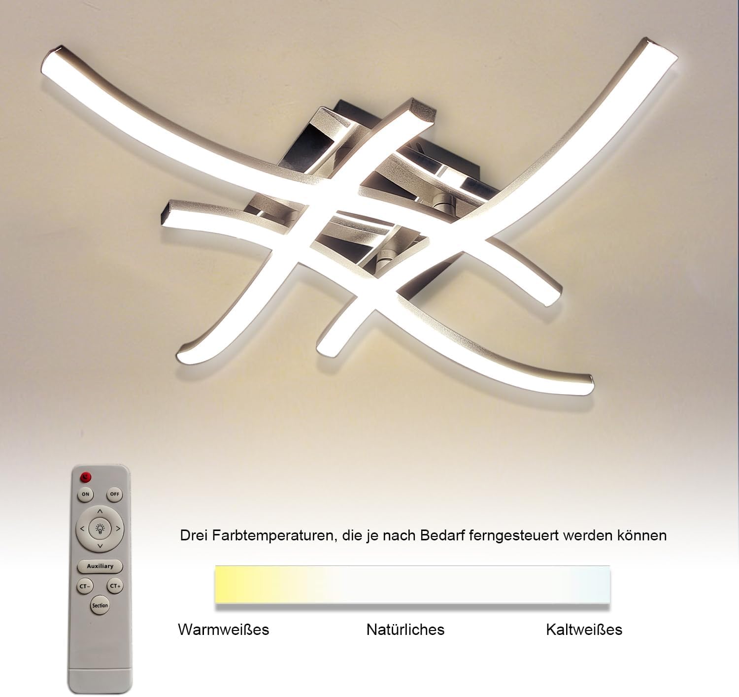 4-Flammig Dimmbare LED Deckenleuchte Mit Fernbedienung - Curved Deckenlampe, Eingebaute Platinen 28W 2800Lumen, Modern