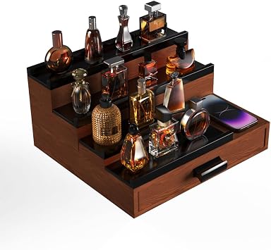 Cologne Organizer for Men,4 Tier Wooden Cologne Stand with Hidden Compartments,Drawer,Phone Platform,Walnutblack Cologne Holder for Bedroom/Office/Bathroom,Nice Gift for Husband/Father/Friend