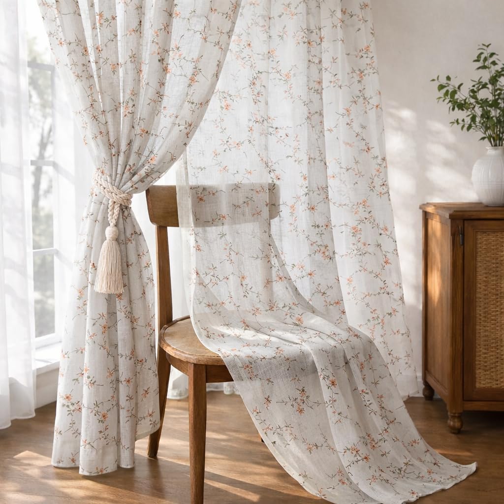 THE LINEN COMPANY Cotton Linen Sheer Long Door Drapes, Lightweight Transparent Curtain with Rod Pocket, Soft Light Filter Privacy Panel for Home Decor, Coral Leaf, 8 Feet, Pack of 1