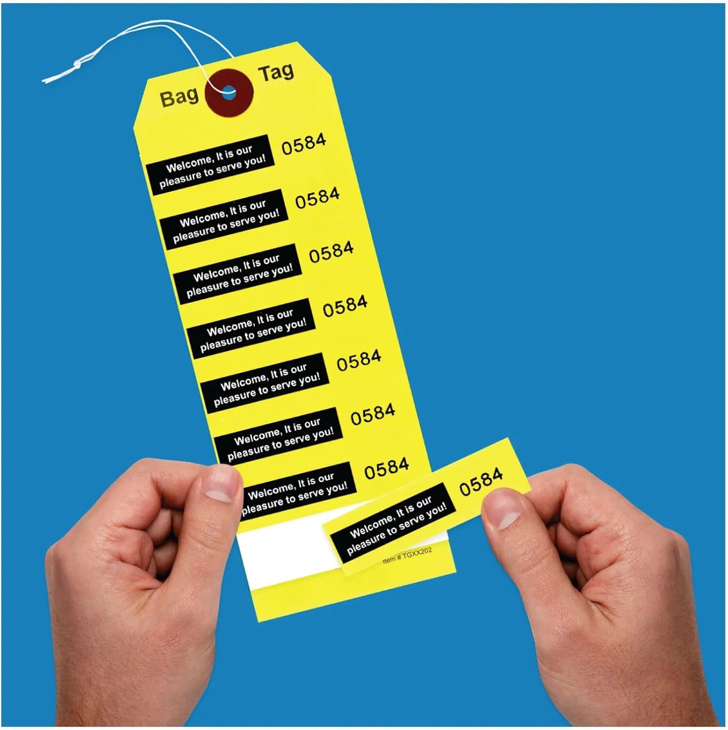 1000 Yellow Bag Claim Check Tags with Elastic String, Printed in Black Ink with 8 Labels & Matching Numbers for Multiple Bags. Hotel Bag Tags for Organizing Luggage. Size: 6 3/4" (H) x2 1/2" (W).