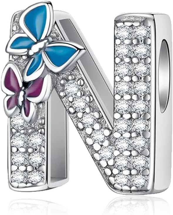 Butterfly-Letter Initial-Alphabet Bead Charms - S925 Sterling Silver A~Z Letters Charms with Cubic Zircon Stones, Butterfly Alphabet Beads fit Pandora Bracelets Valentines Gifts for Wife/Girlfriend Women