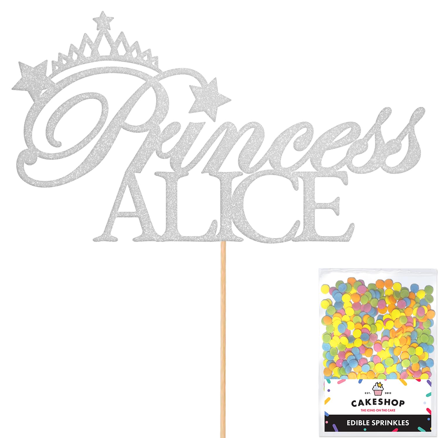 Personalised Birthday Princess Glitter Cake Topper- Light Silver Any Custom Name Glitter Cake Decoration and Sprinkles - Happy Birthday Decorations - Personalised Toppers for Cakes by Cakeshop โ image 1