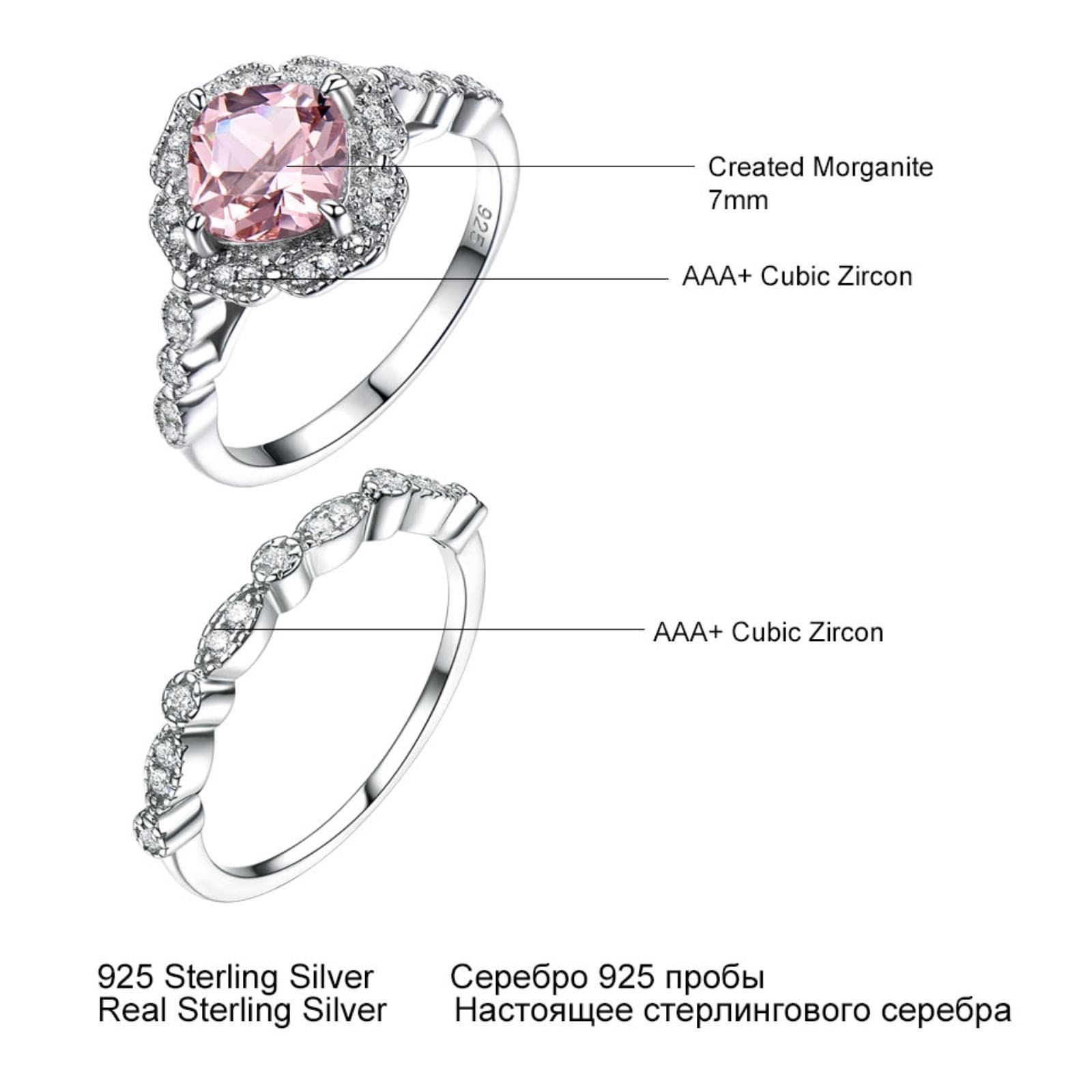 2 Unids/Set Creado Nano Morganite 925 Anillos De Plata Esterlina Encanto Flor Anillo De Plata Conjunto para Mujeres Joyería Fina