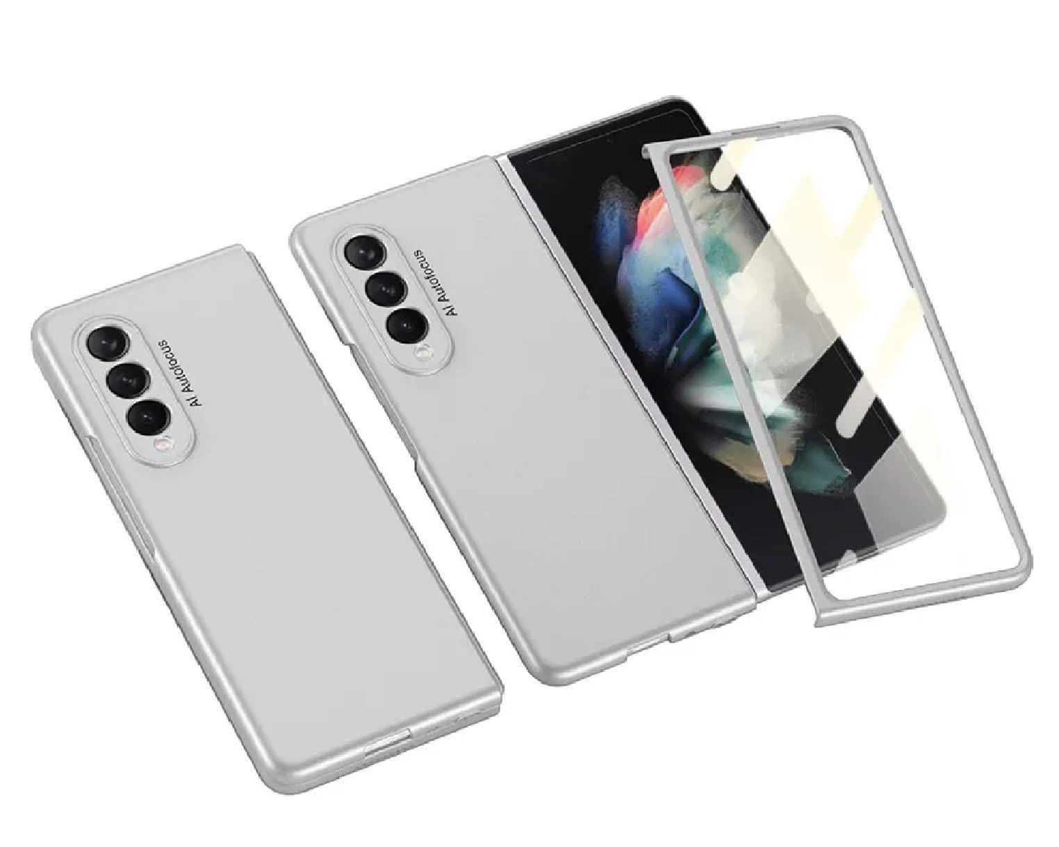 Galaxy Z Fold 3 5G Case Leather Cover, [Leather + 9H Tempered Glass] Outer Screen Back Protector Cover with Kickstand Phone Case Compatible with Samsung Galaxy Z Fold 3 5G (Silver)