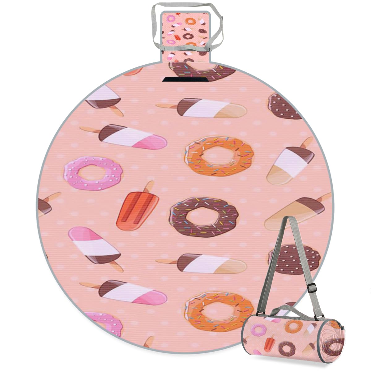 Shimoshe Ice Cream Donut Picnic Outdoor Blanket Foldable Waterproof Sandproof Beach Blanket Portable Water-Resistant Round Picnic Mat for Travel Camping Park Lawn