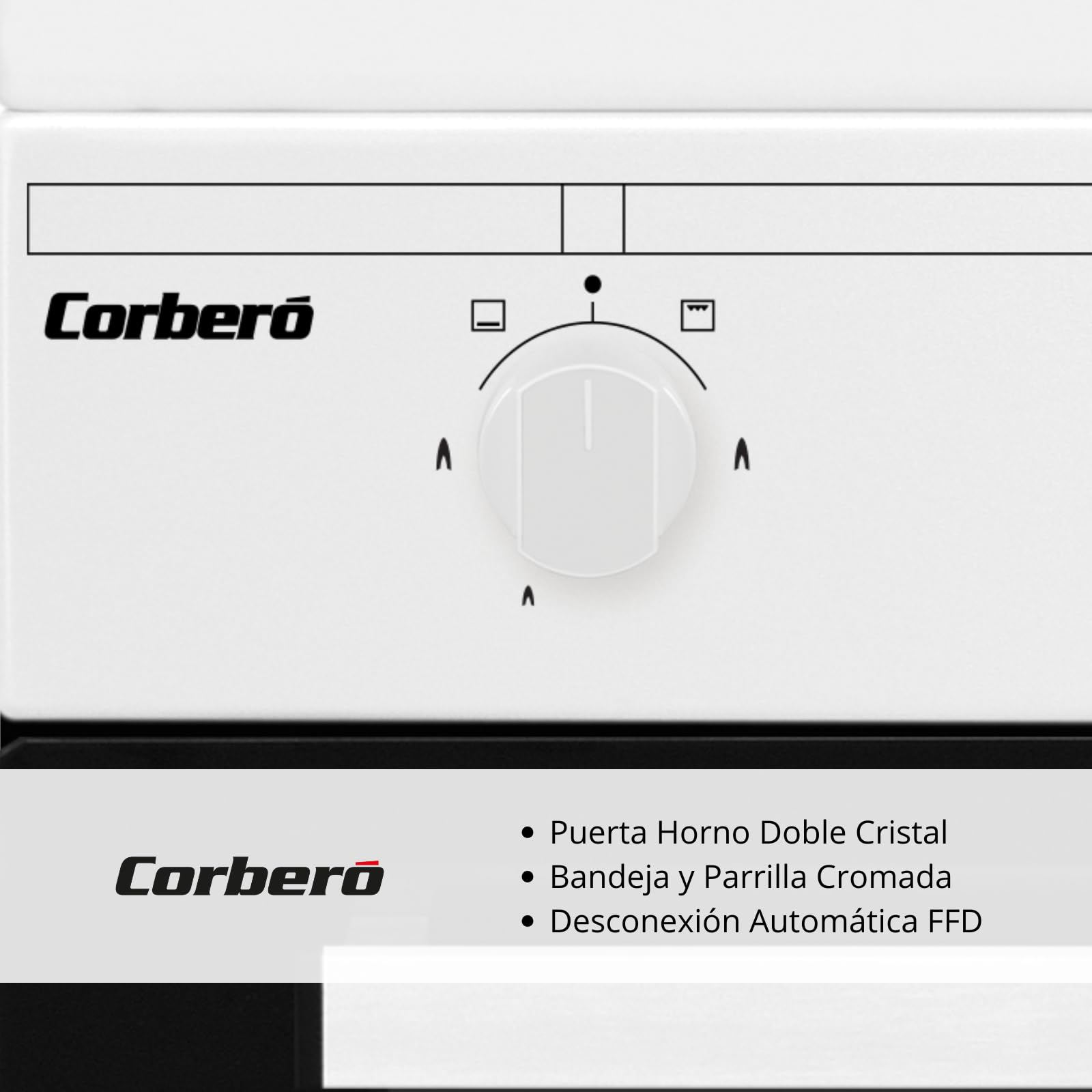 Corberó CCSF45020BW Kochfeld Plus 50 cm | 4 Kochfelder Butangas | Ofen 43 L | Deckel aus Metall | doppelte Glastür | Platte und Grill verchromt | automatische Sicherheitsabschaltung | Weiß