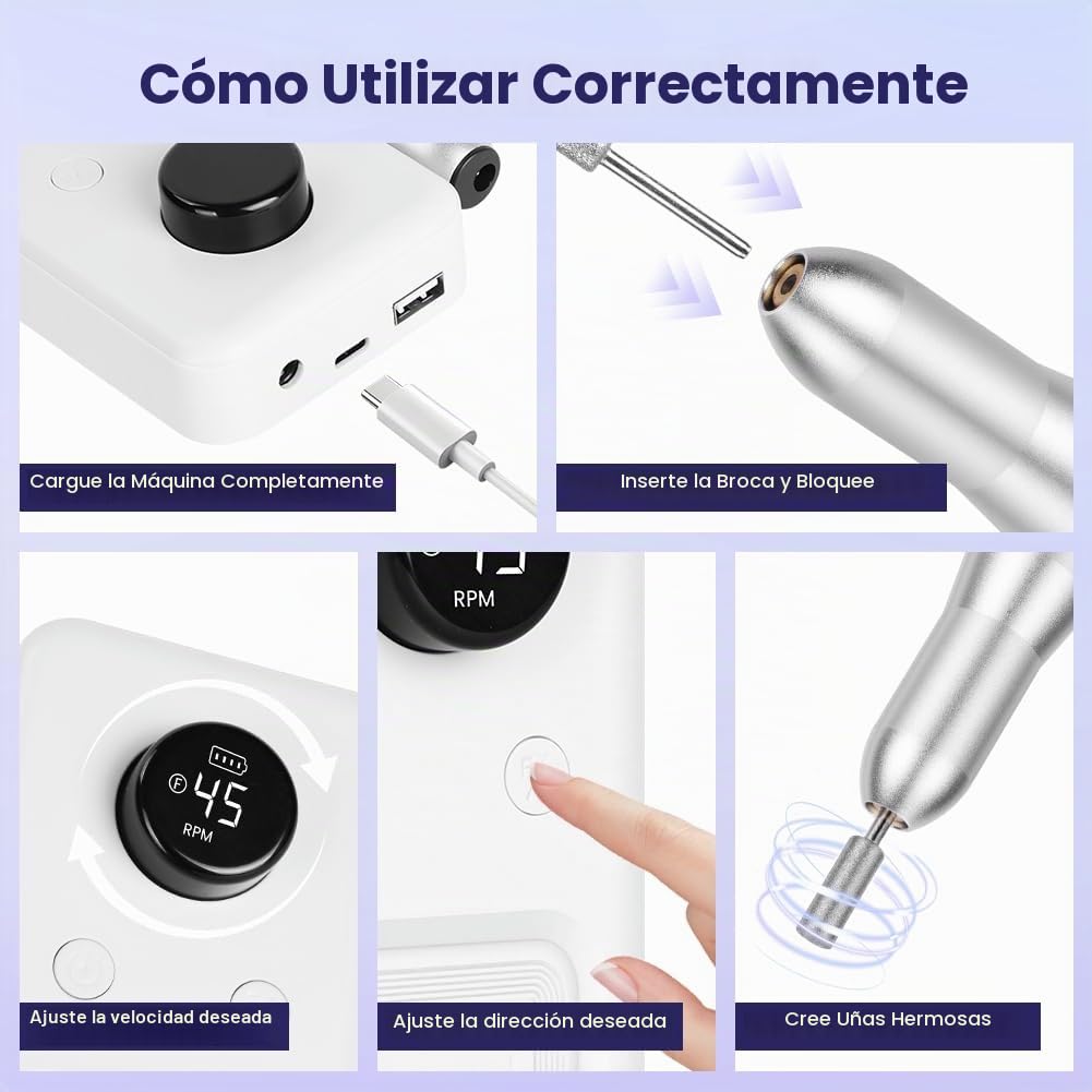 Torno para Uñas Profesional 30000 RPM, Torno para Uñas Portátil Recargable, Tor-no Uñ-as Taladro Eléctrico con 6 Brocas, Velocidad Ajustable, para Gel o Acrilicas para Hogar y Salón （Blanco）
